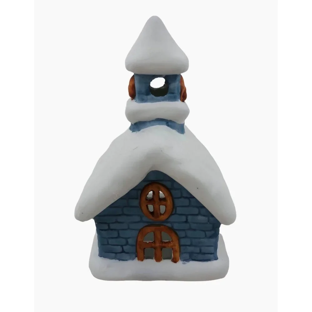 Colonial Candle Holder Winter Blue Ceramic Building Snow Tea Light Votive Holder - Picture 2 of 10